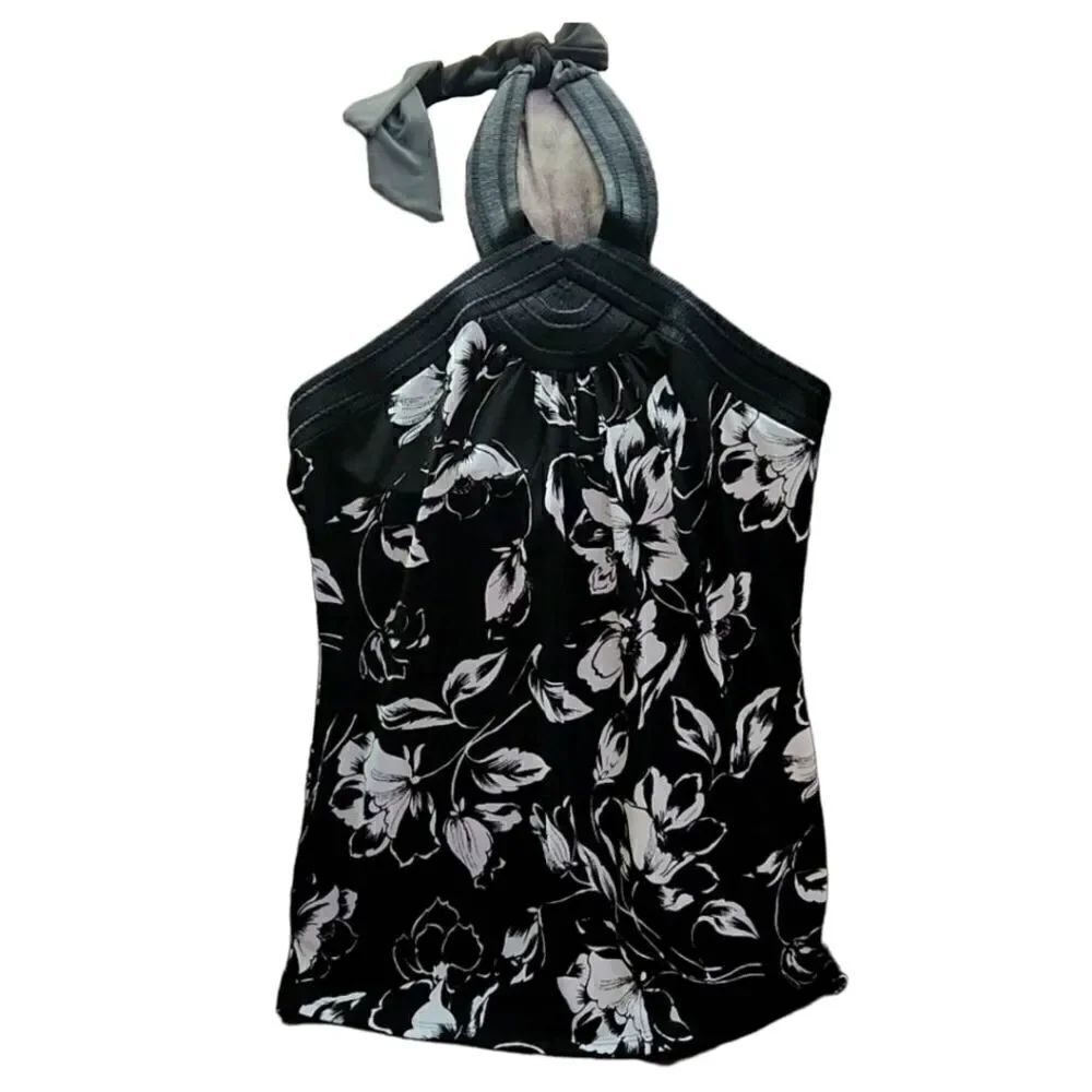 White house black market top halter floral embroidered detailing black and white